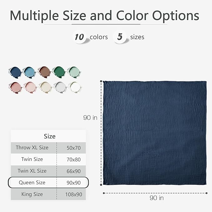 Carriediosa 100% Cotton Muslin Throw Blanket 90" X 90" Queen Size,4-Layers Summer Gauze Throws for Bed Couch,Soft Lightweight Breathable Linen Blankets Bedspread for Adults All Season,Navy Blue-StrideForce Fitness