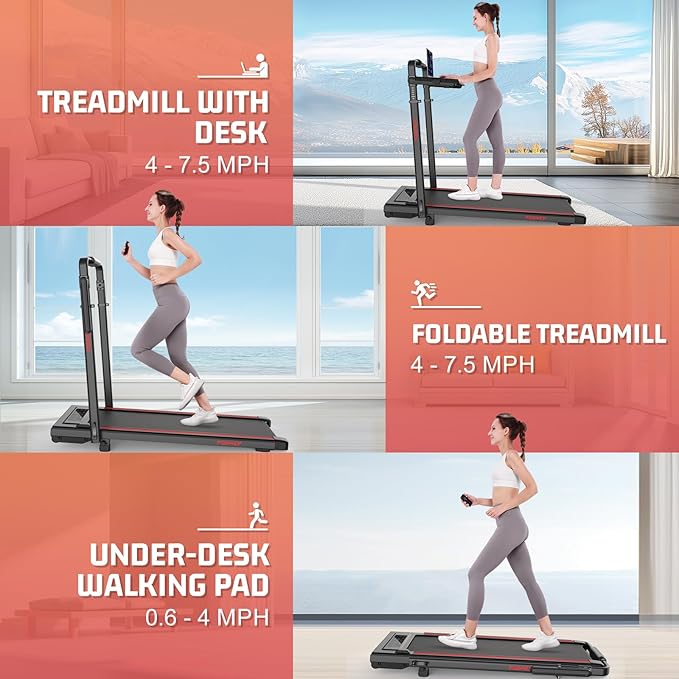 Walking Pad Treadmill with Desk Workstation, 10% Incline Foldable Treadmill with Handrail, 300lbs Capacity, 3 Control Methods, 8 in 1 Folding Treadmills for Home Office-StrideForce Fitness