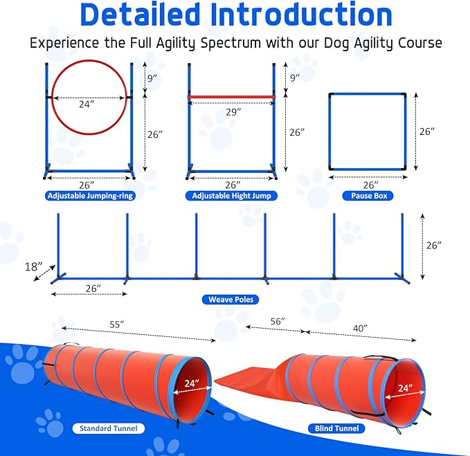 Dog Agility Training Equipment Set, Obstacle Courses Agility Training Kit for Puppy Includes 2 High Hurdles, Standard Tunnel, Blind Tunnel, Jumping Ring, 6 Weave Poles, Pause Box and 2 Carrying Bags-StrideForce Fitness