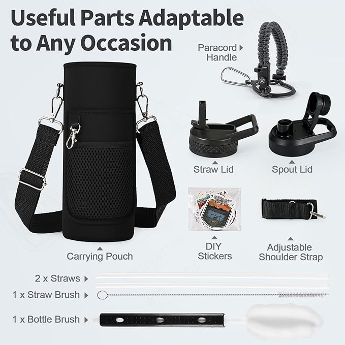 40 oz Insulated Water Bottle with Straw (Cold for 48 Hrs), Stainless Steel Triple Wall Vacuum Sports Water Jug, Leakproof Hydro Cup Flask with Paracord Handle & Straw Spout Lids & DIY Stickers-StrideForce Fitness