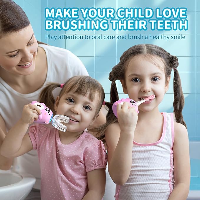 Kids U Shaped Electric Toothbrush, Automatic 360° Sonic Cleaning, 6 Modes, 4 Brush Heads, Cute Cartoon Koala Design (6-12 Age (Pink))