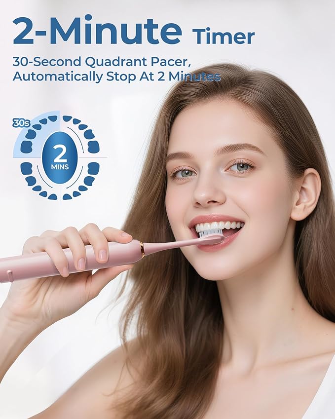 Pink Electric Toothbrushes, with 8 Brush Heads, 1 Travel Toothbrush Case, for Adults and Kid Electric Toothbrush, Long 180-Day Battery Life, 6 Modes, IPX7 Waterproof, Smart 2-Minute Timer.