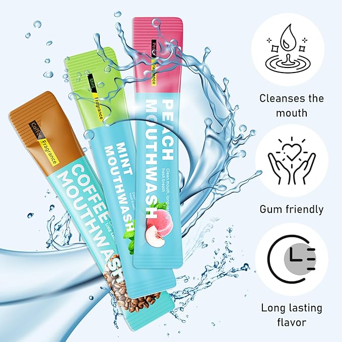 Mini Mouthwash Travel Size,Peach Flavor Portable Individual Travel Mouth Wash for Fresh Breath, Refreshing Long Lasting Gentle Oral Care Mouthwash Packs(Pack of 20)