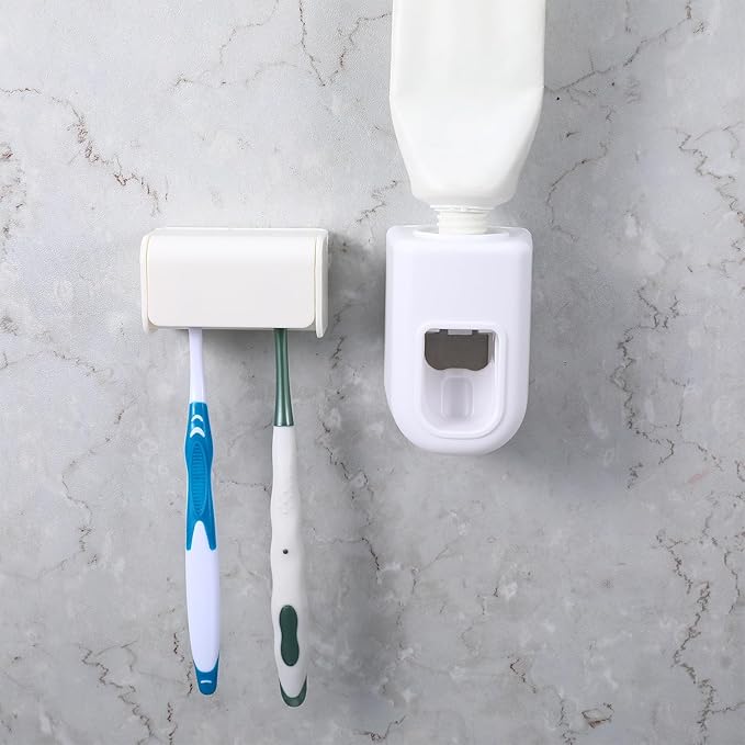 2 Slots Wall Mount Toothbrush Holder with Cover, Self Adhesive Toothbrush Storage Organizer for Shower Waterproof and Dustproof, with Automatic Toothpaste Squeezer Dispenser for Family & Travel