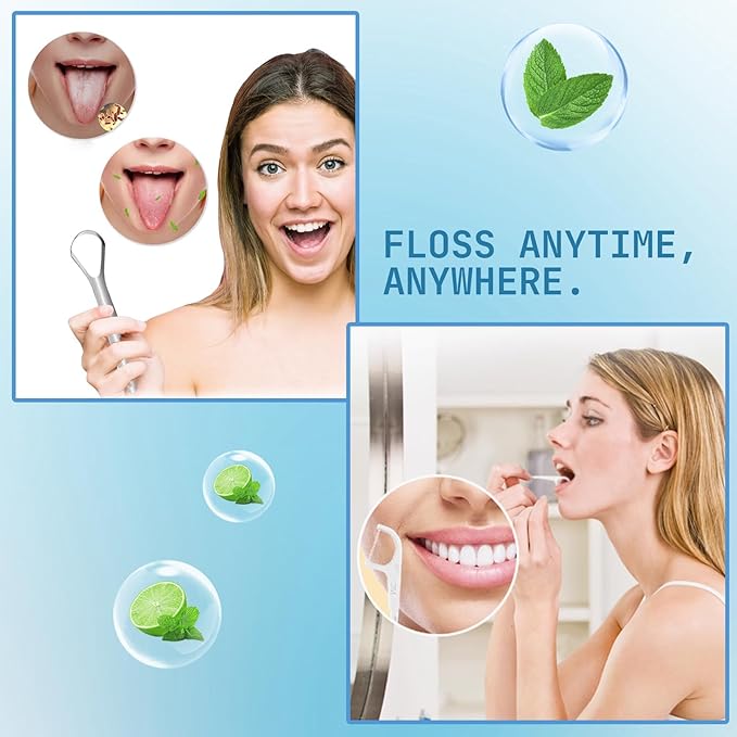 Tongue Scraper Set for Adults – 2 Medical-Grade Stainless Steel Tongue Scrapers with Travel Case + 10 Pack Floss Picks – Tongue Cleaner for Oral Care & Hygiene, Reduce Bad Breath