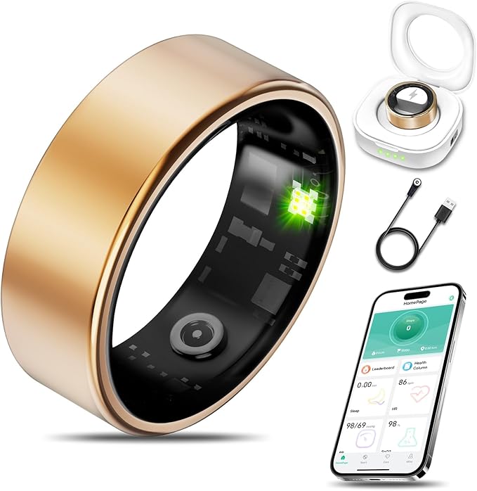 Smart Health Ring for Women Men Fitness Tracker with Heart Rate, Blood Oxygen, Blood Pressure, Sleep Monitoring, Step Counting, IP68 Waterproof for iPhone and Android, No APP Fee, Gold 11-StrideForce Fitness