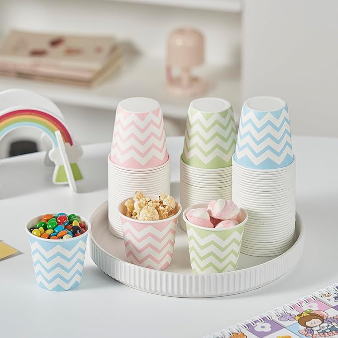 Tamone 600 Pack 3 oz Paper Cups - Small Bathroom Cups, Mini Wave Design Disposable Cups, Pink, Green, Blue - Mouthwash Cups for Valentine's, Picnic, BBQ, Travel, Home, Event