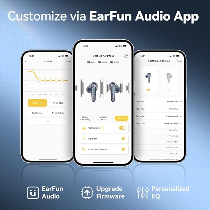 EarFun Air Pro 3 Noise Cancelling Wireless Earbuds, Qualcomm® aptX™ Adaptive Sound, 6 Mics CVC 8.0 ENC, Bluetooth 5.3 Earbuds, Multipoint Connection, 45H Playtime, App Customize EQ, Blue-StrideForce Fitness