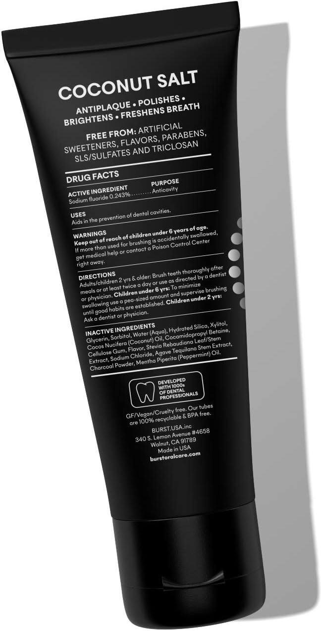 BURST Charcoal Whitening Toothpaste for Adults (4.7oz/2 Pack) | for Sensitive Teeth with Cavity Fighting Fluoride & Xylitol | Vegan | Gluten & SLS Free | Coconut Salt