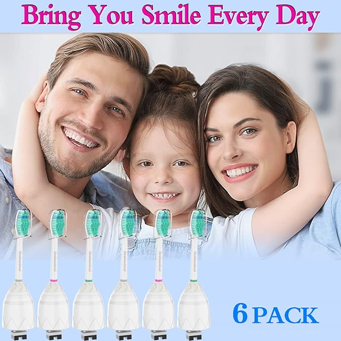 Toothbrush Replacement Heads for Philips Sonicare E-Series, Essence, Elite, Advance, CleanCare Screw-on Electric Toothbrush Heads HX7022/66, 6 Pack