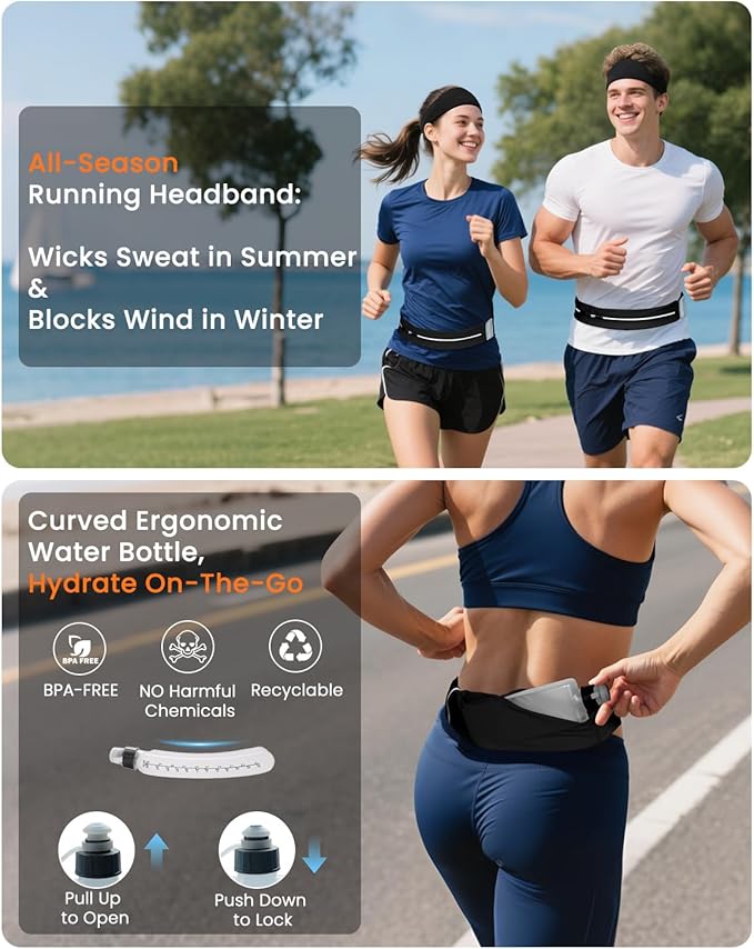 Running Belt for Women and Men, Adjustable Fanny Packs No Bounce Phone Holder for Running with Water Bottle & Headband, Waterproof Reflective Waist Packs for Runner Fits All Phones (L-Black)