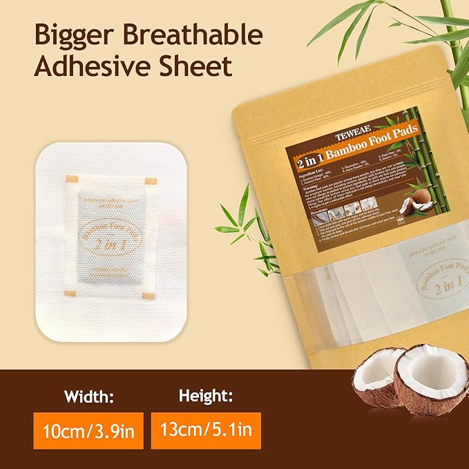 2 in 1 Foot Pads, 64 Pads Bamboo Vinegar Coconut Shell Powder Foot Pads with ''Stay in Place'' Bigger Adhesive Sheet-StrideForce Fitness