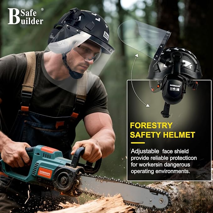 Forestry Safety Helmet with Build-in Visor Mesh Face Shield Ear Muffs 4 in 1 Chainsaw Safety Hard Hats-StrideForce Fitness