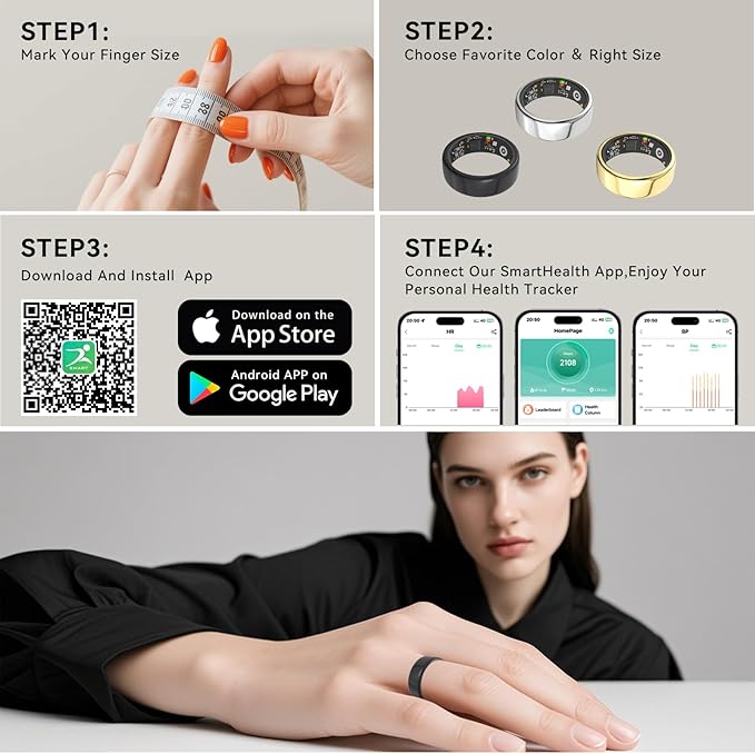 Smart Rings for Women Men,Fitness Tracker Ring,Heart Rate,Blood Oxygen,Blood Pressure,Step Tracker,Sleep Monitoring,No Subscription Fee,IP68 Waterproof Smart Ring for iphone&Android(Black 13)-StrideForce Fitness