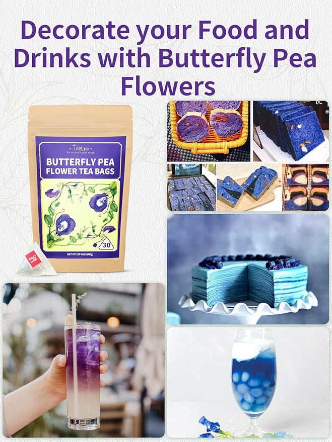 TeeLux Butterfly Pea Flower Tea Bags - Premium Dried Butterfly Pea Flower for Blue & Purple Drinks and Food Coloring, 30 Tea Bags
