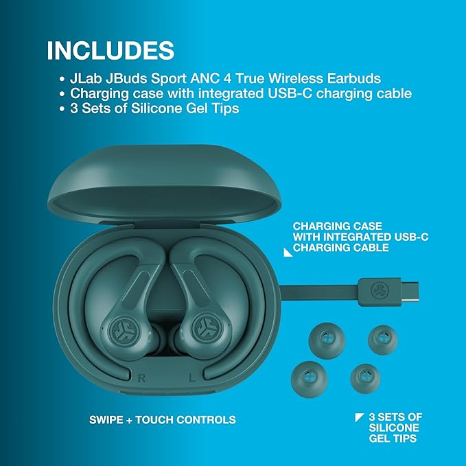 JLab JBuds Sport ANC 4 True Wireless Bluetooth Earbuds + Charging Case, Teal, Swipe + Touch Controls, Hybrid Active Noise Cancelation, Multipoint Connect, Customized Settings App-StrideForce Fitness