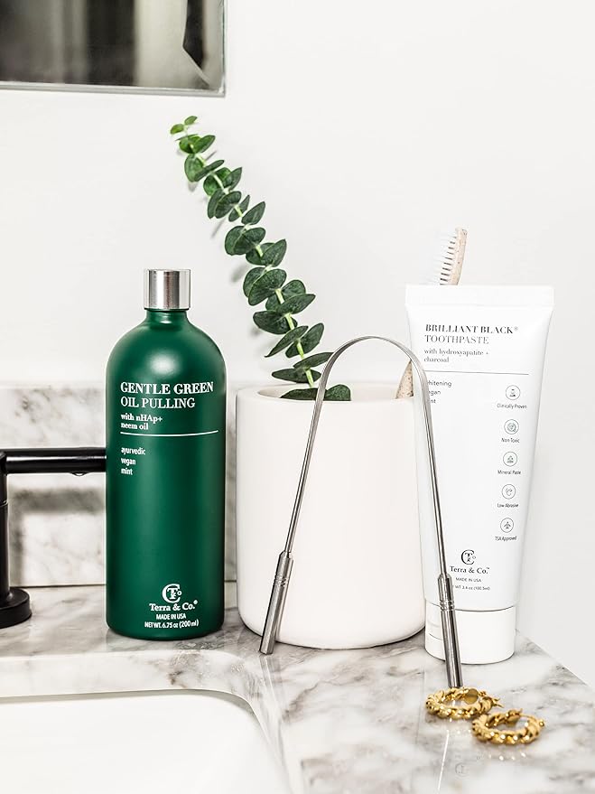 Terra & Co. Gentle Green Oil Pulling for Teeth and Gums - Vegan Natural Mouthwash No Alcohol or Fluoride to Improve Oral Health - Made with Cold Pressed Plant Oils and Nano Hydroxyapatite | 6.75 oz