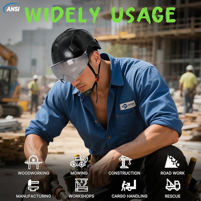 Aolamegs Construction Hard Hats for Adults - Hard Hats Construction OSHA Approved with Smoke Visor for Men Women, ANSI Z89.1 Vented Safety Helmet, Hard Hat with Chin Strap,6 Point Suspension (Black-StrideForce Fitness