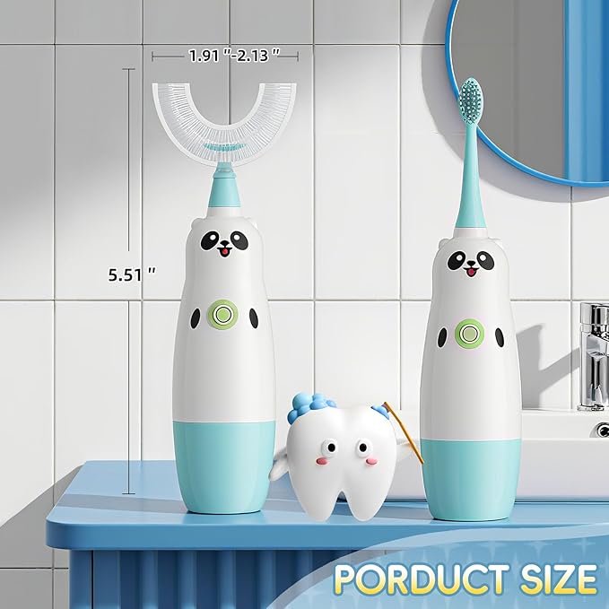 Kids U-Shaped Electric Toothbrush with 2 Brush Heads, Toddlers Sonic with 360 Degree Cleaning, Soft Bristles, Battery Included, IPX7 Waterproof, Cute cartoon for Girls and Boys, Ages 8-13 (Blue)