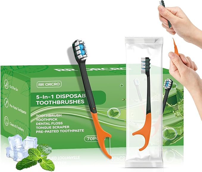 70Pack Disposable Toothbrushes with Toothpaste All-in-One Oral Care Prepasted Individually Wrapped 5-in-1 Mini Toothbrush with Toothpick, Flosser, Tongue Cleaner, Perfect for Travel & On-The-Go