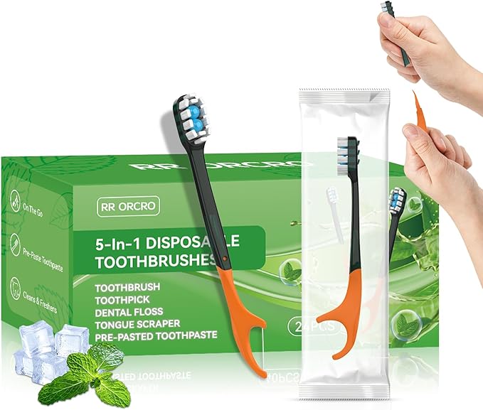 24Pack Disposable Toothbrushes with Toothpaste All-in-One Oral Care Prepasted Individually Wrapped 5-in-1 Mini Toothbrush with Toothpick, Flosser, Tongue Cleaner, Perfect for Travel & On-The-Go