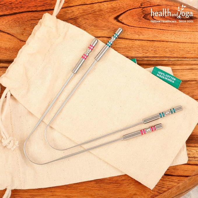 HealthAndYoga™ SteloSwipe His and Hers Premium Tongue Cleaners for Partner and You (2 pcs) - Quality Steel Tongue Scrapers with Color Identifying Hygienic Steel Grips