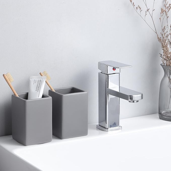 Grey Square Toothbrush Holders - Ceramic Toothbrush Holders for Bathrooms, Toothbrush Toothpaste Holders, Marble Bathroom Tumbler Cups Reusable Toothbrush Mouthwash Cup, Bathroom Counter Organizer