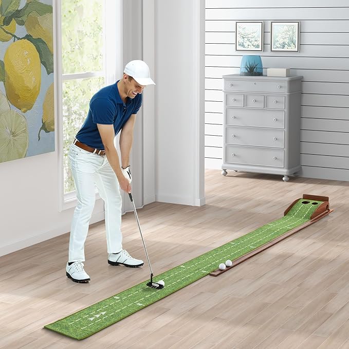 Tangkula 10 FT Golf Putting Green, 2/3-Hole Golf Putting Practice Mat with Auto Ball Return for Indoors & Outdoors, Alignment Guides & 3 Golf Balls, Mini Golf Game for Home and Office-StrideForce Fitness