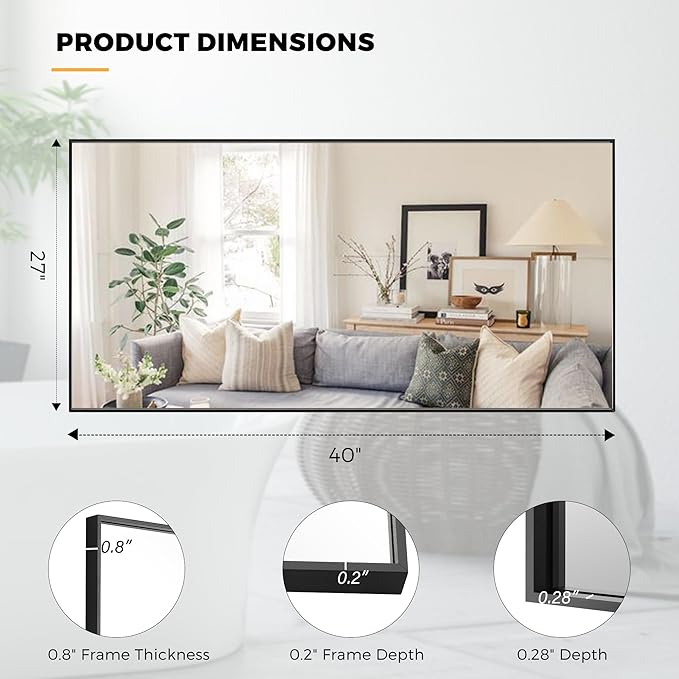 27x40 Inch Black Bathroom Mirror for Wall, Aluminum Frame Rectangle Rectangular Vanity Mirror, Modern Large for Bedroom, Living Room, Horizontal or Vertical-StrideForce Fitness