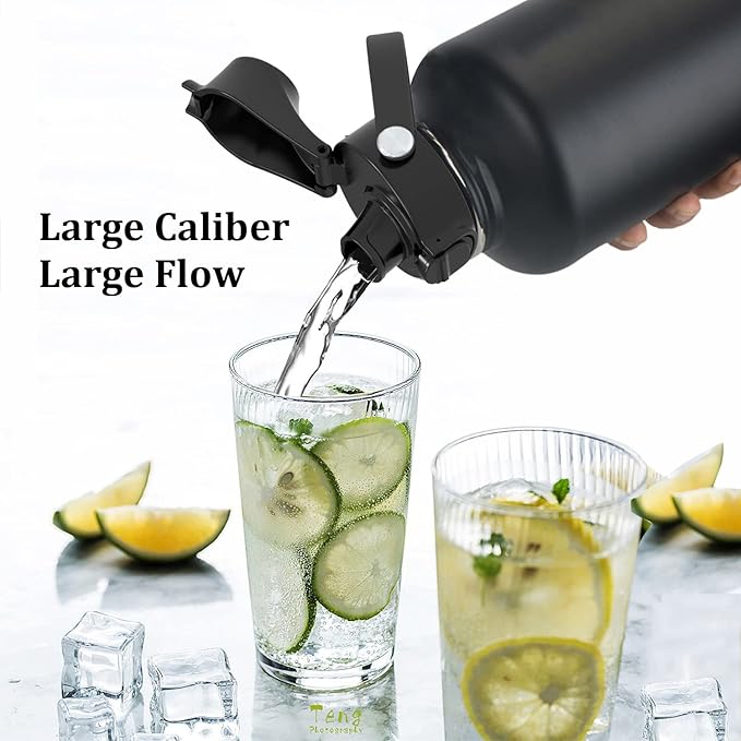 Water Bottle Insulated 32oz 40oz 64oz 128oz Straw Lid Spout Lid & 3 Lids, Leak Proof, Vacuum Insulated,Stainless Steel Water Bottle Wide Mouth for Sports, Gym or Office-StrideForce Fitness