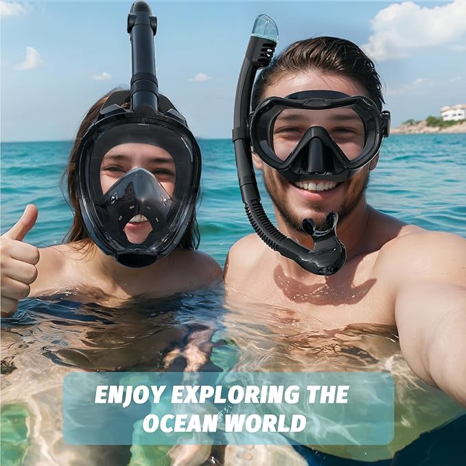 Full Face Snorkel Mask, Snorkeling Gear for Adults Men and Women, 180 Degrees Panoramic View Snorkel Set Anti-Fog Anti-Leak, Dry Top System and Travel Bag for Swimming, Snorkeling-StrideForce Fitness