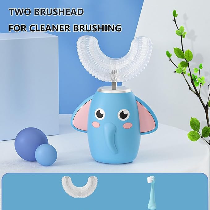 SNOWROSE Kids Electric Toothbrush U-Shaped Ultrasonic IPX7 Waterproof Design with 2 Brush Head 3 Modes, 360° Full Mouth Cleaning Automatic Children Toothbrush for 2-12 Years Old (Blue, 2-12 Age)