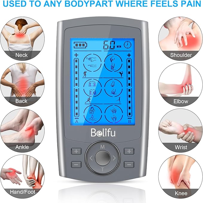Belifu Dual Channel TENS EMS Unit 24 Modes Muscle Stimulator for Pain Relief Therapy, Electronic Pulse Massager Muscle Massager with 10 Pads, Dust-Proof Drawstring Storage Bag, Fastening Cable Ties