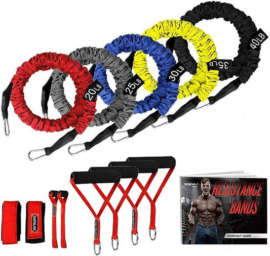 Resistance Bands, 15 Pieces Exercise Elastic Bands Set, 20lbs to 40lbs Resistance Tubes with Heavy Duty Protective Nylon Sleeves Anti-Snap for Fitness SUPALAK-StrideForce Fitness