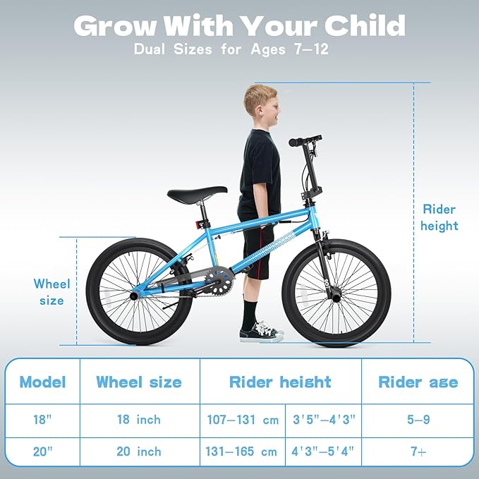 67i Boys BMX Bike 18/20 Inch Ages 8-12 Kids Bicycle with Front Rear U Brake Adjustable Seat Iron Fork 2.09" Wide Tires-StrideForce Fitness