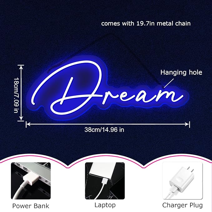 Dream Neon Sign for Wall Decor LED Neon Dream Light Sign USB Powered Wall Neon Light up Sign for Party Wall Décor Party Light Home Room Christmas Club Bistro Decor 5v (Blue)-StrideForce Fitness