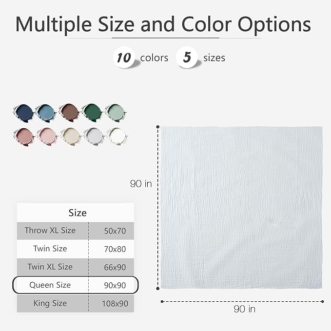 Carriediosa 100% Cotton Muslin Throw Blanket 90" X 90" Queen Size,4-Layers Summer Gauze Throws for Bed Couch,Soft Lightweight Breathable Linen Blankets Bedspread for Adults All Season,White-StrideForce Fitness