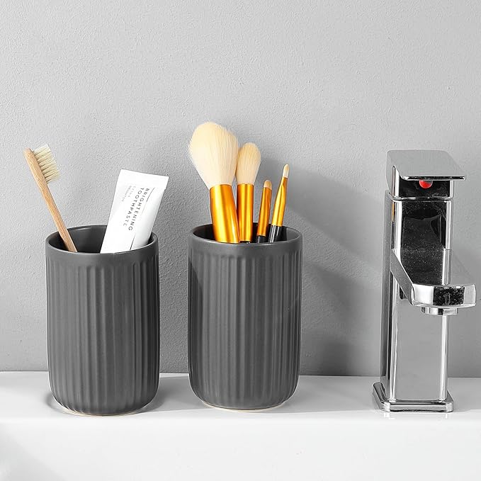 Matte Grey Toothbrush Holders for Bathrooms - Ceramic Toothbrush Toothpaste Holders Set, Bathroom Tumbler Cups Reusable Toothbrush Cup Grey Mouthwash Cup, Counter Organizer.