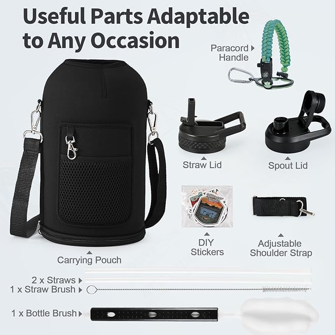 One Gallon Water Bottle Insulated, Triple Wall Vacuum Cold for 48 Hrs & Leak-proof & Non-BPA, 128oz Large Sports Stainless Steel Water Jug with Paracord Handle Straw Spout Lids & DIY Stickers-StrideForce Fitness