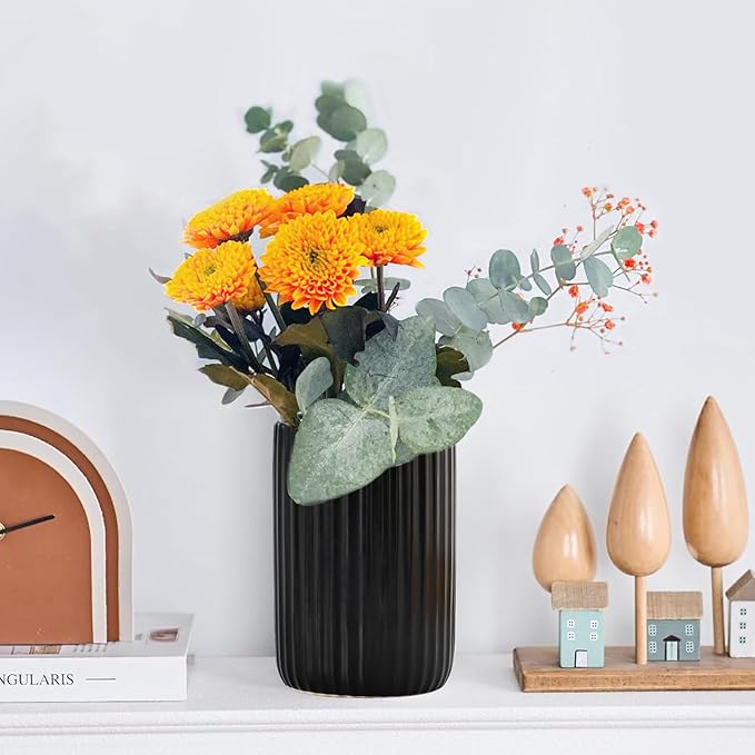 Black Toothbrush Holder, Ceramic Tooth Brush Holder Set, Ribbed Bathroom Cups Tumbler, Reusable Toothbrush Mouthwash Cup, Toothpaste Holder Toothbrush Organizer for Bathroom Counter