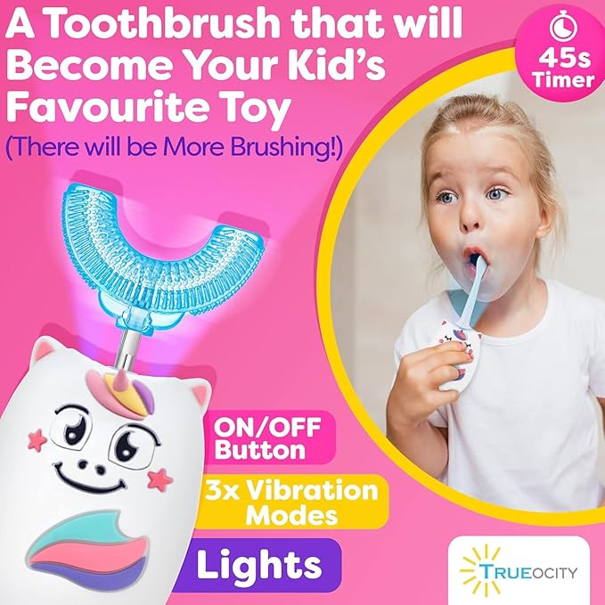 Trueocity Kids U Shape Toothbrush Auto Electric Toddler Rechargeable Kids Automatic Toothbrush | 360° U-Shaped Silicone Brush Head | Gentle Cleaning for Ages 2–7 | Unicorn Design (Pink)