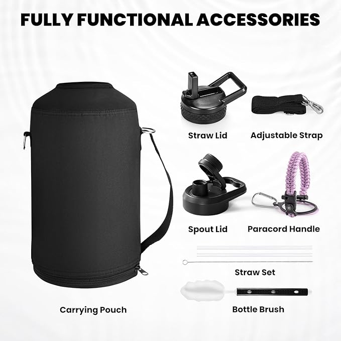 One Gallon Water Bottle Insulated, Triple Walled Vacuum Stainless Steel (Cold for 48 Hrs), Leak Proof & Non-BPA, Large Water Flask Jug with Paracord Handle & Straw Spout Lids-StrideForce Fitness