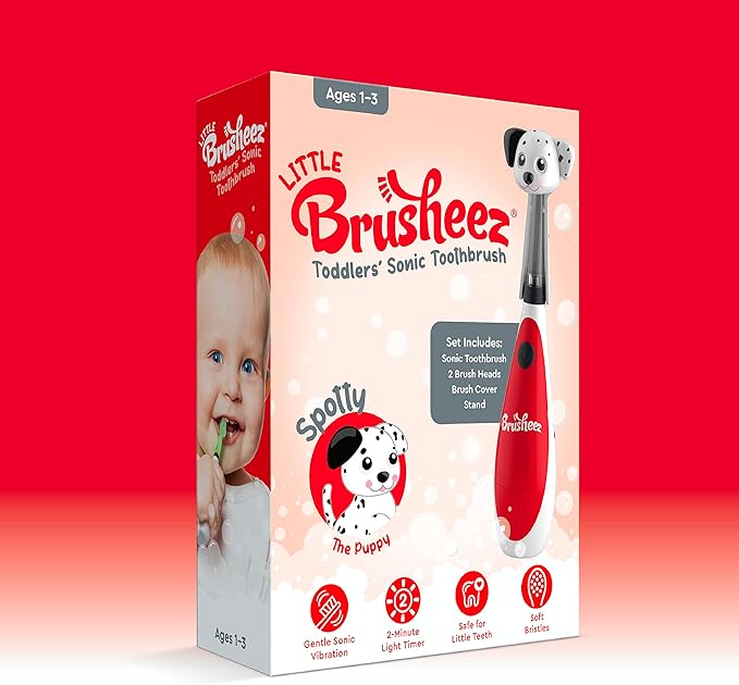 Brusheez Little Toddlers’ Sonic Toothbrush - Safe & Gentle Toothbrush for Ages 1-3 with Built-in, Light-Up 2-Minute Timer, Extra Brush Head, & Storage Base for First-Time Brushers (Spotty The Puppy)