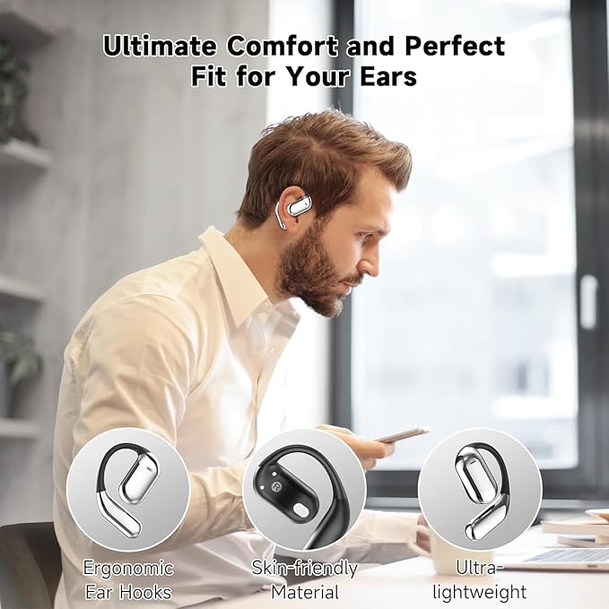 Open Ear Earbuds Intelligent Touch Screen Ultra Comfort Bluetooth 5.4 Headphones Over The Ear Earphones with Ear Hooks IPX7 Waterproof Bone Conduction Earbuds for Running Fitness Sport Workouts,Grey3