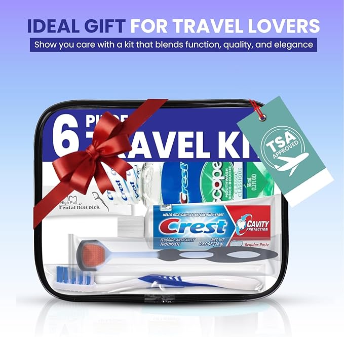 Trektote Travel Toothbrush and Toothpaste Set - (5 Pack) 6 Piece Dental Care Kit, TSA Compliant, Includes Toothpaste, Toothbrush, Mouthwash, Flosses and Premium Toiletry Bag