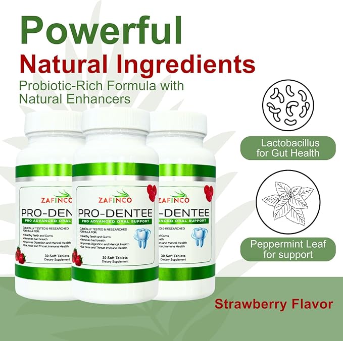 ZAFINCO-PRODENTEE Teeth & Gums Health. Advanced 3.5 Billion CFU Oral/Dental Probiotics for Reduce Mouth Bad Breath,Ear,Nose and Throat Health-Mint Flavored Soft Chewable Tablet, 30 Count-Made in USA