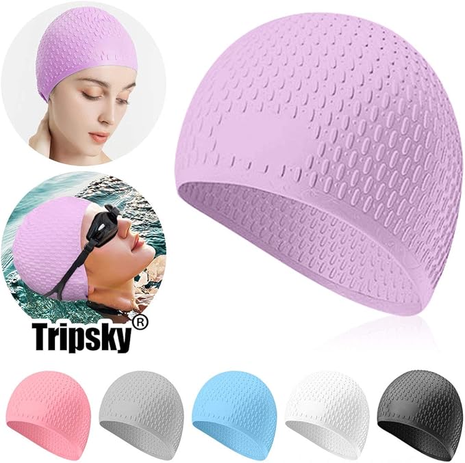 Tripsky Silicone Swim Cap,Comfortable Bathing Cap Ideal for Curly Short Medium Long Hair, Swimming Cap for Women and Men, Shower Caps Keep Hairstyle Unchanged…-StrideForce Fitness