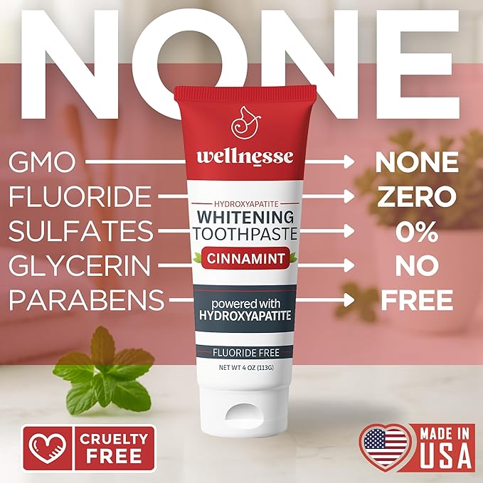 Wellnesse Hydroxyapatite Toothpaste – Fluoride Free for Sensitive Gums – Anti-Plaque, Remineralizing, Enamel Protection & Natural Whitening Toothpaste for Adults – Cinnamint Flavor - 4 oz