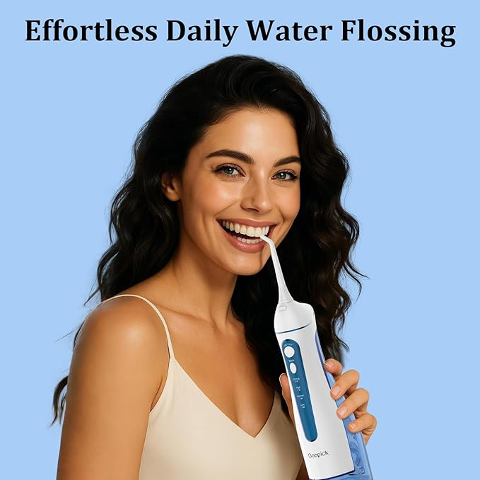 Cordless Portable Water Flosser with 300ML Tank: Rechargeable Oral Irrigator with 5 Tips for Travel, Braces Care and Sensitive Gums, IPX7 Waterproof Teeth Cleaning Device(Blue