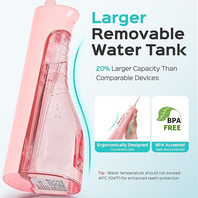 COSLUS Portable Water Flosser for Teeth: 4 Modes & 5 Intensity Levels Professional Electric Dental Pick for Sensitive Gums, Braces & Orthodontic - Cordless for Travel Use, for Adults, BPA-Free, Pink